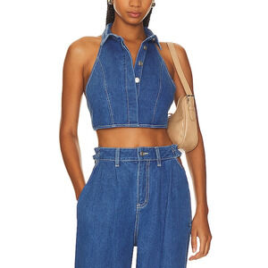 Sovere Advance Denim Blue Halterneck Crop Shirt Size L - NWT